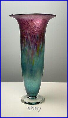 11.5 Robert Held Fine Studio Art Glass Iridescent Footed Trumpet Vase Signed