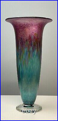 11.5 Robert Held Fine Studio Art Glass Iridescent Footed Trumpet Vase Signed