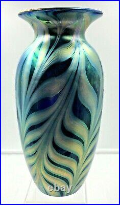 11 Tall Lundberg Studios Iridescent Art Glass Pulled Feather Vase-sgnd/dated