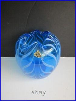 1976 Fenton Blue Art Glass Vase White Pulled Feather Decoration Signed LIMITED