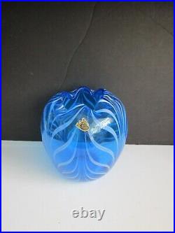 1976 Fenton Blue Art Glass Vase White Pulled Feather Decoration Signed LIMITED