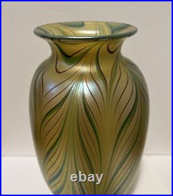 1980 ORIENT & FLUME Studio Art Glass Vase, Iridescent Pulled Feather, Signed, 8