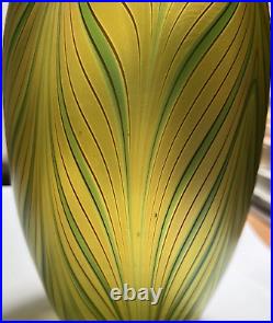 1980 ORIENT & FLUME Studio Art Glass Vase, Iridescent Pulled Feather, Signed, 8