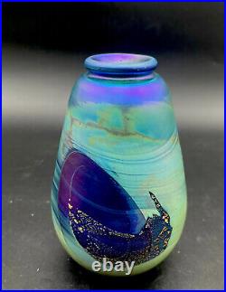 1982 Rare Robert Eickholt Amethyst Iridescent Gold Foil Art Glass Vase Signed