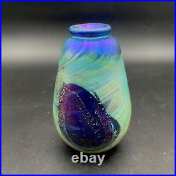 1982 Rare Robert Eickholt Amethyst Iridescent withGold Foil Art Glass Vase Signed