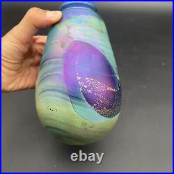 1982 Rare Robert Eickholt Amethyst Iridescent withGold Foil Art Glass Vase Signed