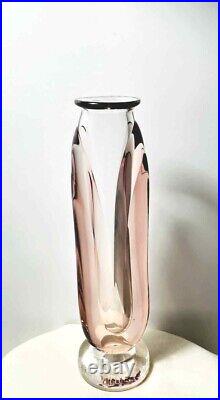 1985 MICHAEL SHEARER 11 Hand Blown GLASS VASE Art Deco Style SIGNED Pink Clear
