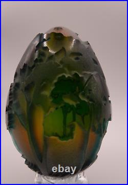 1993 Kelsey Pilgrim Glass Cameo Thick Sand Carved Forest Trees Egg Shaped