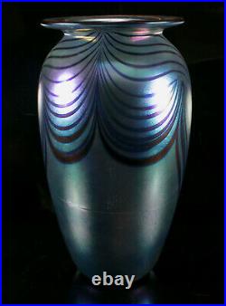 1995 Pulled Feather Iridescent Blue Cobalt Art Glass Vase by Robert Eickholt