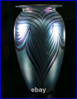 1995 Pulled Feather Iridescent Blue Cobalt Art Glass Vase by Robert Eickholt