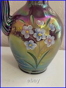 1997 Fenton Glass Signed Plum Overlay Iridescent Glass Pitcher Vase 90 Years