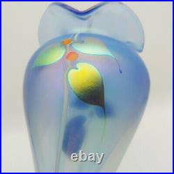 ABELMAN Art Glass Vase 11 Iridescent Blue w Hanging Hearts vtg 1984 Signed