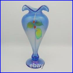 ABELMAN Art Glass Vase 11 Iridescent Blue w Hanging Hearts vtg 1984 Signed