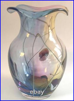 Adam Jablonski Rainbow Glass Vase 7.75 Tall Signed Studio Art Glass Blue Yellow