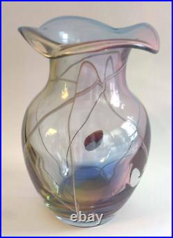Adam Jablonski Rainbow Glass Vase 7.75 Tall Signed Studio Art Glass Blue Yellow