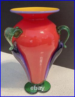 Alex Brand red footed 2007 art glass vase, Signed