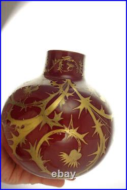 Antique 1870's Harrach Oxblood Art glass Vase Gold Enamel Thistle Decor Signed B