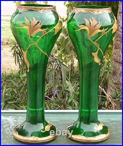 Antique Art Pair Glass Vase Signed Fritz Heckert C. 1890 Bohemian Loetz Era