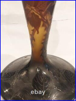 Antique Large D'argental Nancy Art Glass Cameo Lamp Vase Flowers Leaves Signed