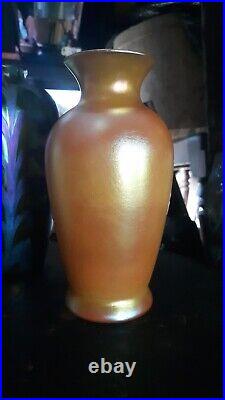 Antique Quezal Iridescent Luminous Yellow Gold 7 Vase Signed