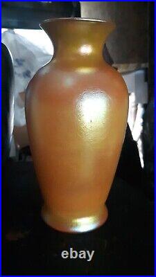 Antique Quezal Iridescent Luminous Yellow Gold 7 Vase Signed