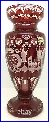 Antique Signed Egermann Vase Bohemian Ruby Red Cut to Clear Glass Deer Stag