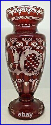 Antique Signed Egermann Vase Bohemian Ruby Red Cut to Clear Glass Deer Stag