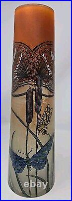 Antique Signed Legras Art Nouveau Butterfly Hand Enameled Vase 13 3/4 France