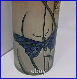 Antique Signed Legras Art Nouveau Butterfly Hand Enameled Vase 13 3/4 France