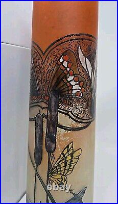 Antique Signed Legras Art Nouveau Butterfly Hand Enameled Vase 13 3/4 France