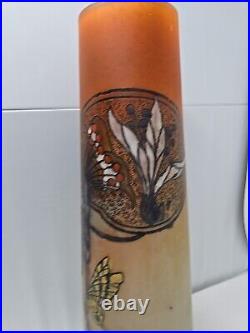 Antique Signed Legras Art Nouveau Butterfly Hand Enameled Vase 13 3/4 France