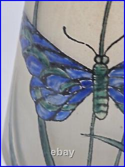 Antique Signed Legras Art Nouveau Butterfly Hand Enameled Vase 13 3/4 France