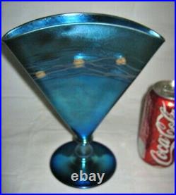 Antique Steuben Blue Aurene Art Deco Glass Fan Flower Garden Vase # 6297 Mint