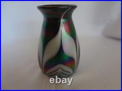 Art Glass 6.5 Vase Green Purple White Iridized Pulled Feather Design Signed