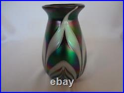 Art Glass 6.5 Vase Green Purple White Iridized Pulled Feather Design Signed