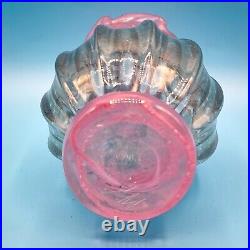 Art Glass Vase Artist Signed Ruffled Edge Blue Pink Hand Blown 4.75H