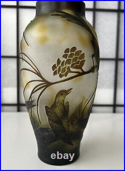 Art Nouveau Style Acid Cut Cameo Art Glass Vase with Birds & Foliage Signed 8