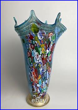 Artist Signed Murano Art Glass Geranium Blue Murrina Millefiori Vase 24k Gold