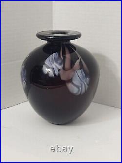 Beautiful Signed Art Glass Roger Gandleman Amythest Floral Vase