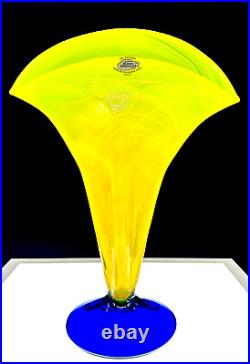 Blenko Glass Vase Fan Shape Signed, Labeled Richard Blenko 2000 YellowithBlue