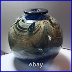 Bob Biniarz Signed 1974 Round Art Glass Vase, Blue, Green, Iridescent