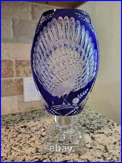 Bohemian 13¾in Tall Crystal Vase Cobalt Blue Cut To Clear Signed Engmann Glass