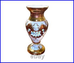 Bohemian Heritage 24CT Gold Iridescent Glass Vase Enameled Florals Signed #'D