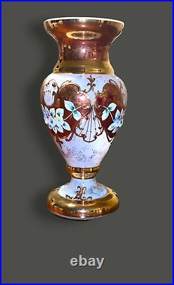 Bohemian Heritage 24CT Gold Iridescent Glass Vase Enameled Florals Signed #'D