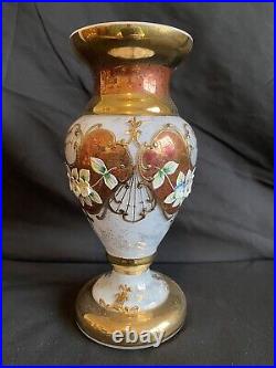 Bohemian Heritage 24CT Gold Iridescent Glass Vase Enameled Florals Signed #'D