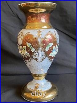 Bohemian Heritage 24CT Gold Iridescent Glass Vase Enameled Florals Signed #'D
