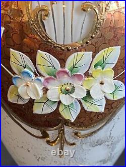 Bohemian Heritage 24CT Gold Iridescent Glass Vase Enameled Florals Signed #'D