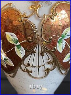 Bohemian Heritage 24CT Gold Iridescent Glass Vase Enameled Florals Signed #'D