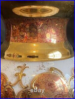 Bohemian Heritage 24CT Gold Iridescent Glass Vase Enameled Florals Signed #'D