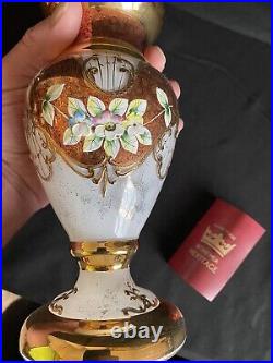 Bohemian Heritage 24CT Gold Iridescent Glass Vase Enameled Florals Signed #'D